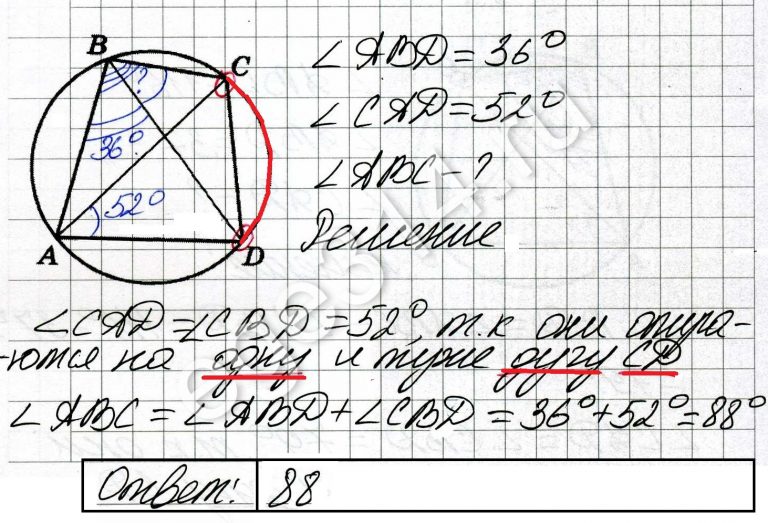 Решение №244 Четырёхугольник ABCD вписан в окружность. Угол ABD равен 36 градусов, угол CAD равен 52 градуса.