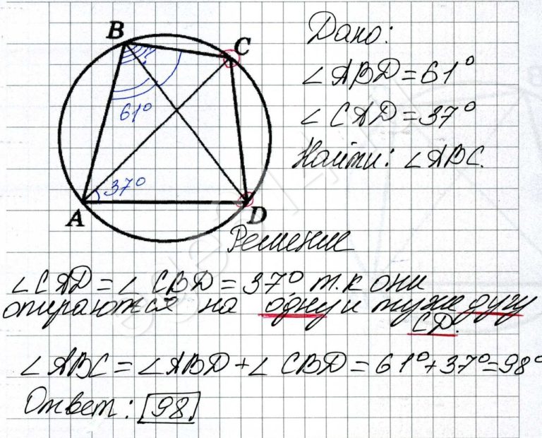 Решение №160 Четырёхугольник ABCD вписан в окружность. Угол ABD равен 61 градус, угол CAD равен 37 градусов.