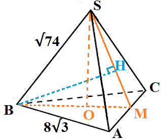 Решение №500 В правильной треугольной пирамиде SABC сторона основания AB=8√3, а боковое ребро SA=√73.