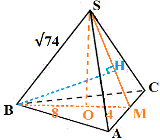 Решение №500 В правильной треугольной пирамиде SABC сторона основания AB=8√3, а боковое ребро SA=√73.