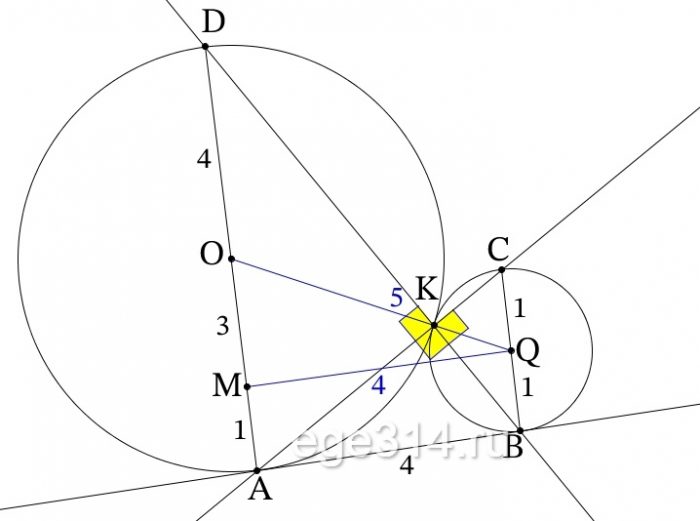 б) Найдите площадь треугольника AKB, если известно, что радиусы окружностей равны 4 и 1.