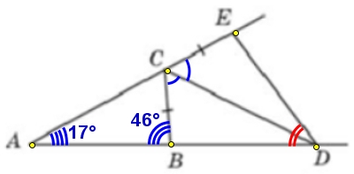 В треугольнике 𝐴𝐵𝐶 угол 𝐴 равен 17°, угол 𝐵 равен 46°, 𝐶𝐷 − биссектриса внешнего угла при вершине 𝐶, причем точка 𝐷 лежит на прямой 𝐴𝐵.