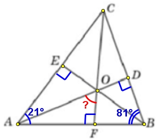 В треугольнике 𝐴𝐵𝐶 угол 𝐴 равен 21°, угол 𝐵 равен 81°. 𝐴𝐷, 𝐵𝐸 и 𝐶𝐹 − высоты, пересекающиеся в точке 𝑂. Найдите угол 𝐴𝑂𝐹. Ответ дайте в градусах.