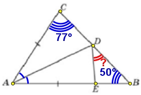 В треугольнике 𝐴𝐵𝐶 угол 𝐵 равен 50°, угол 𝐶 равен 77°, 𝐴𝐷 − биссектриса, 𝐸 − такая точка на 𝐴𝐵, что 𝐴𝐸 = 𝐴𝐶.