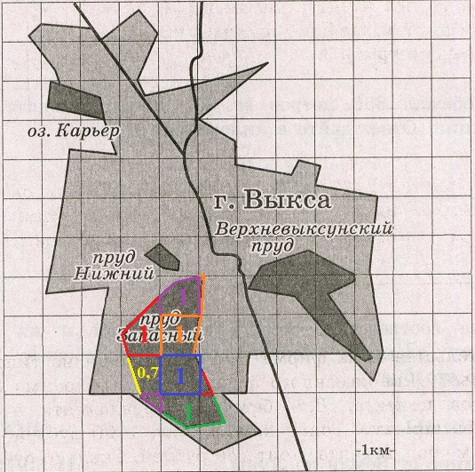 Решение №2356 На фрагменте географической карты схематично изображены границы города Выкса и очертания водоемов (длина стороны квадратной клетки равна 1 км).