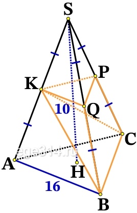 Дана правильная треугольная пирамида SABC, сторона основания AB = 16, высота SH = 10
