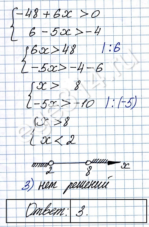 Решение №2185 Укажите решение системы неравенств -48+6x>0 6-5x>-4 1) (2; 8) 3) нет решений 2) (–∞; 2) 4) (8; +∞)