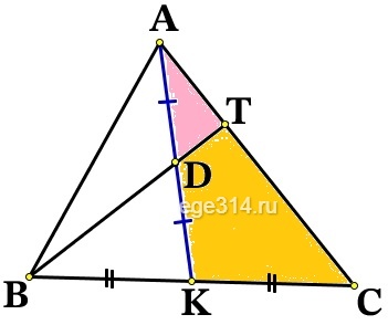 Через середину D медианы АК треугольника АВС и вершину В проведена прямая, пересекающая сторону АС в точке Т.