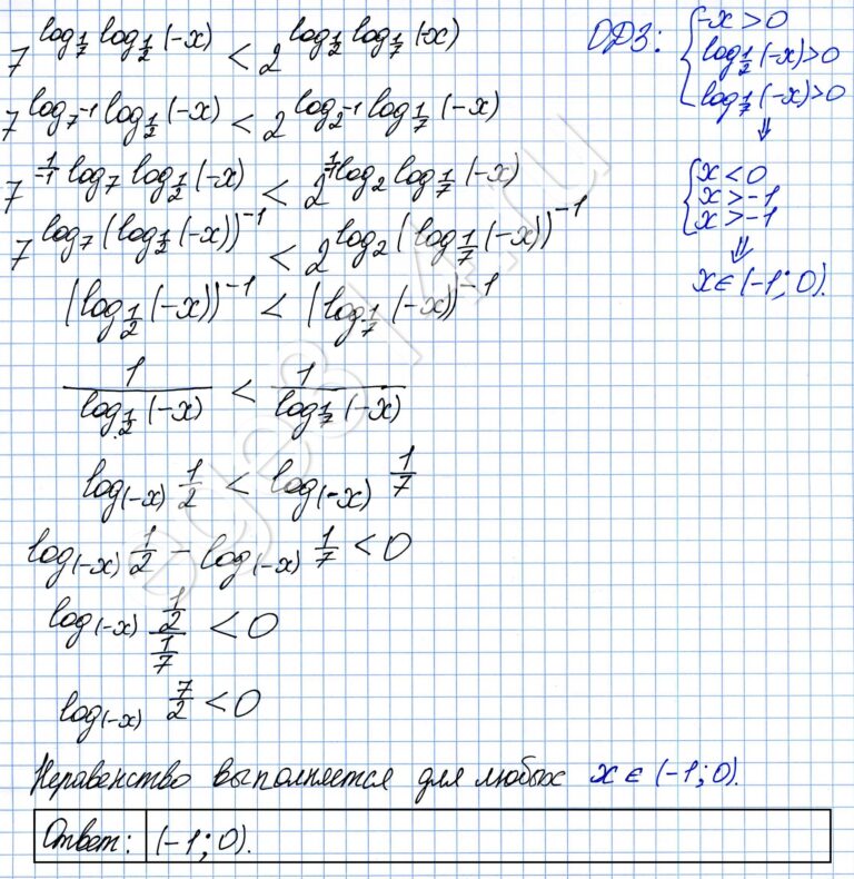 Решение №2552 Решите неравенство 7^log1/7 log1/2 (-x) < 2^log1/2 log1/7 (-x).