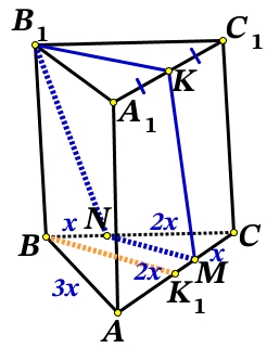 Решение №2482 В правильной треугольной призме АВСА1В1С1 на рёбрах АС и ВС отмечены соответственно точки М и N так, что AM:МС = CN:BN = 2:1.