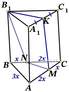 В правильной треугольной призме АВСА1В1С1 на рёбрах АС и ВС отмечены соответственно точки М и N так, что AMМС = CNBN = 21.