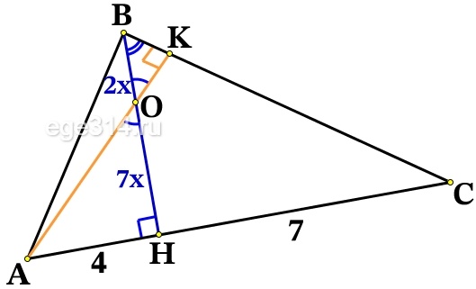 Высота треугольника разбивает его основание на два отрезка с длинами 4 и 7.