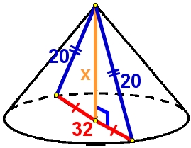 Диаметр основания конуса равен 32, а длина образующей равна 20.