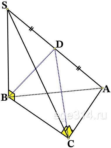 Основание пирамиды SABC – прямоугольный треугольник АВС с прямым углом при вершине С. Высота пирамиды проходит через точку В.