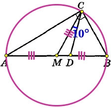 Угол между биссектрисой CD и медианой СМ проведёнными из вершины прямого угла С треугольника АВС, равен 10°