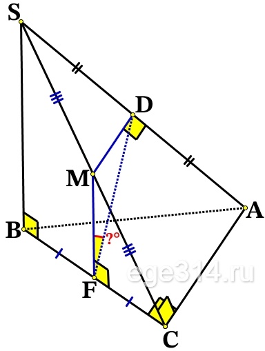 б) Найдите угол между плоскостью SBC и прямой, проходящей через середины рёбер ВС и SA, если известно, что BS = 2AC.