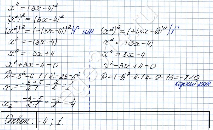 Решите уравнение х^4 = (3х-4)^2.