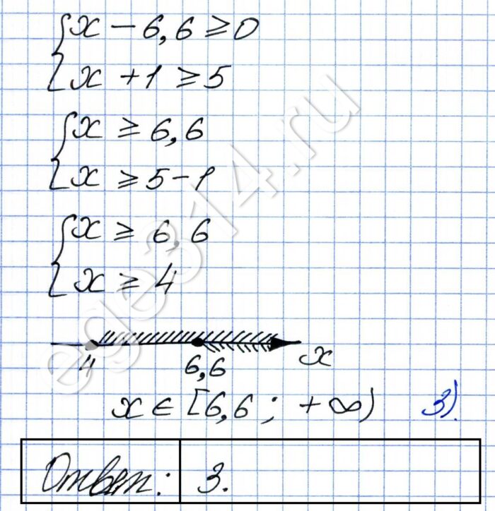 Решение №2712 Укажите решение системы неравенств {x - 6,6>=0, x + 1>=5.