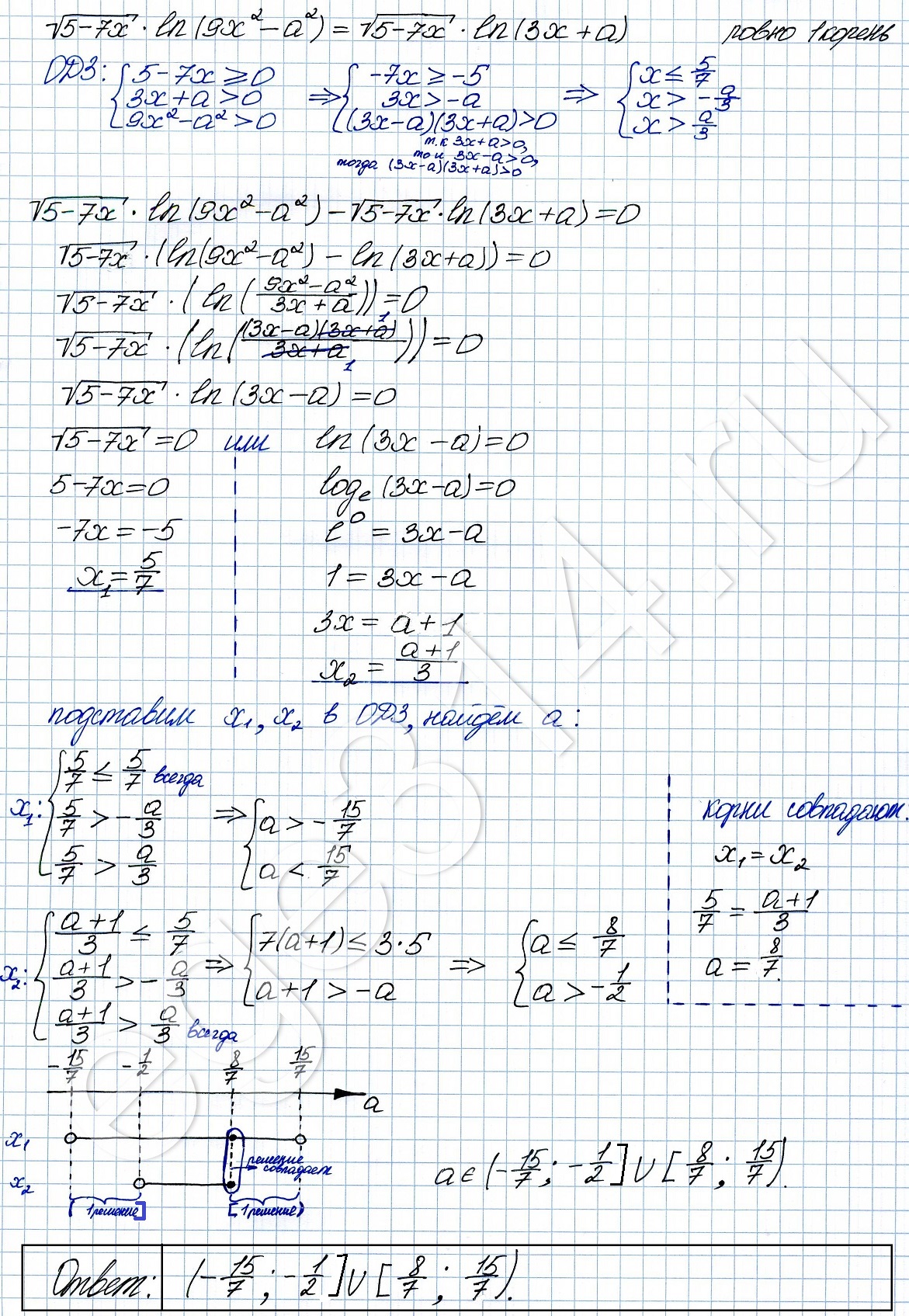 Решение №2808 Найдите все такие значения а, при каждом из которых уравнение √(5-7x)* ln(9x^2-a^2)=√(5-7x)*ln(3x+a)