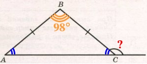 Решение №2751 В равнобедренном треугольнике АВС с основанием АС угол АВС равен 98°.