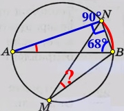 На окружности по разные стороны от диаметра АВ взяты точки М и N. Известно, что ∠NBA = 68°.