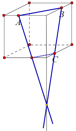 Плоскость, проходящая через точки A, B и C (см. рисунок), разбивает куб на два многогранника.