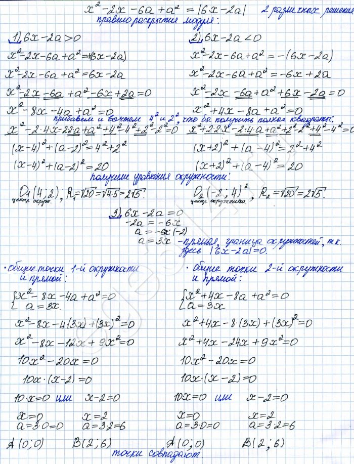 Найдите все значения a, при каждом из которых уравнение х^2 – 2х – 6а + а^2 = |6х – 2а| имеет 2 различных решения.