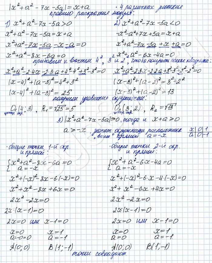 Найдите все значения 𝑎, при каждом из которых уравнение |х^2 + а^2 - 7x - 5a| = х + а имеет 4 различных решения.