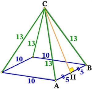 Стороны основания правильной четырёхугольной пирамиды равны 10, боковые ребра равны 13.