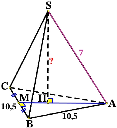 В правильной треугольной пирамиде боковое ребро равно 7, а сторона основания равна 10,5