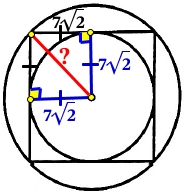 Радиус вписанной в квадрат окружности равен 7√2.