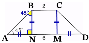 В равнобедренной трапеции основания равны 2 и 6, а один из углов между боковой стороной и основанием равен 45º.