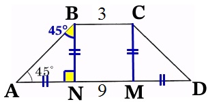 В равнобедренной трапеции основания равны 3 и 9, а один из углов между боковой стороной и основанием равен 45º.