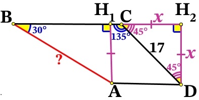 Найдите боковою сторону АВ трапеции АВСD, если углы АВС и ВСD равны соответственно 30° и 135°, а СD = 17.