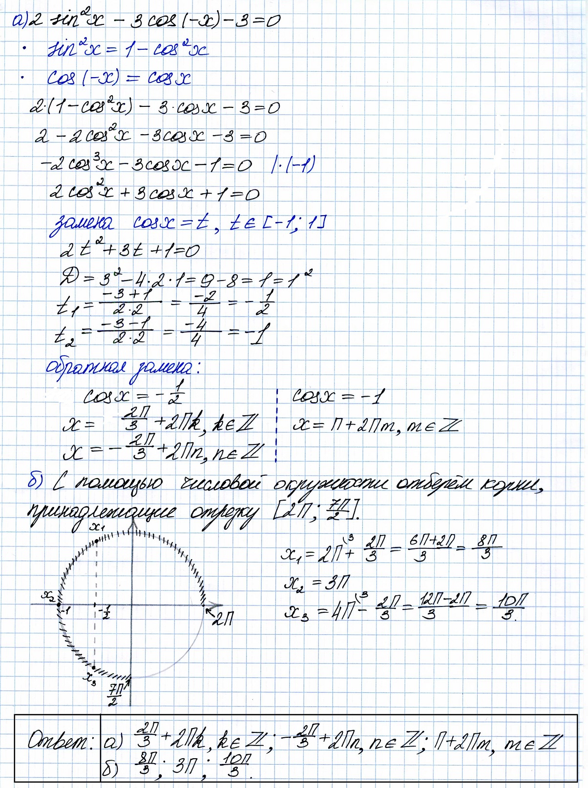 Решите уравнение 2sin^2x - 3cos(-x)-3 = 0.