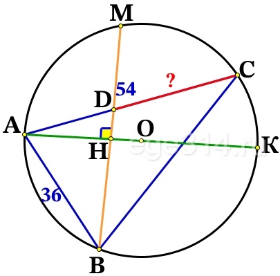 В треугольнике АВС известны длины сторон АВ = 36, АС = 54, точка О – центр окружности, описанной около треугольника АВС.
