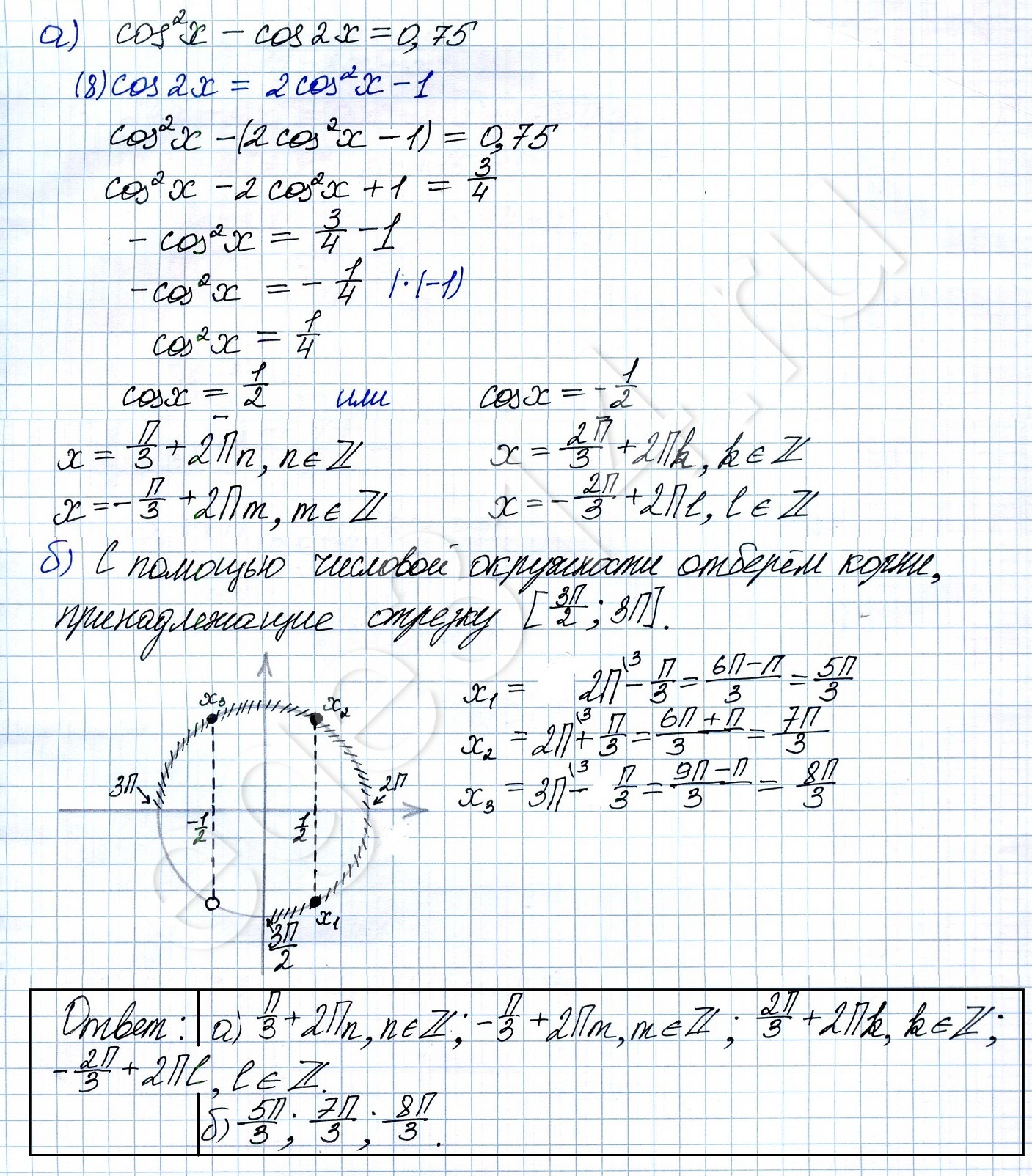 Решите уравнение cos2 x − cos2x = 0,75.
