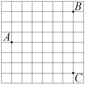 На клетчатой бумаге с размером клетки 1×1 отмечены три точки A, B и C.