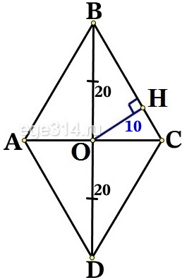 Расстояние от точки пересечения диагоналей ромба до одной из его сторон равно 10