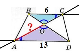 Решение №3505 Диагонали АС и ВD трапеции АВСD с основаниями ВС и АD пересекаются в точке О, ВС = 6, АD = 13, АС = 38.