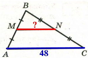 Точки М и N являются серединами сторон АВ и ВС треугольника АВС, сторона АВ равна 57