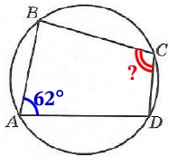 Угол А четырёхугольника АВСD, вписанного в окружность, равен 62°.