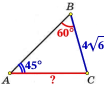 В треугольнике АВС угол А равен 45°, угол В равен 60°‚ ВС = 4√6.