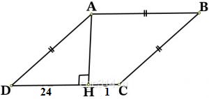 Решение №3753 Высота АН ромба ABCD делит сторону CD на отрезки DH = 24 и СН = 1.