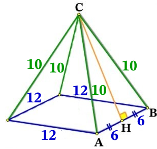 Стороны основания правильной четырёхугольной пирамиды равны 12, боковые рёбра равны 10.