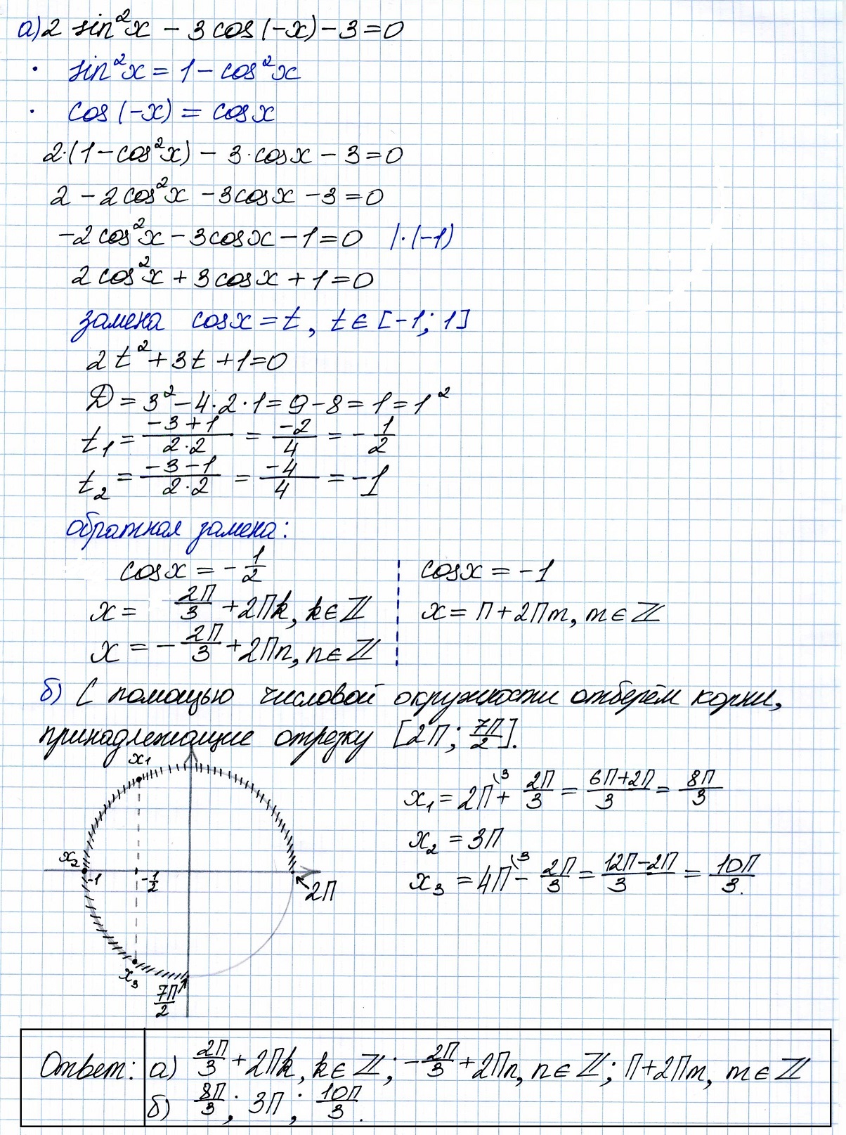 Решение №3093 Решите уравнение 2sin^2x - 3cos(-x)-3 = 0.