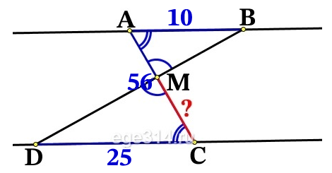 Отрезки AB и DC лежат на параллельных прямых, а отрезки AC и BD пересекаются в точке M.