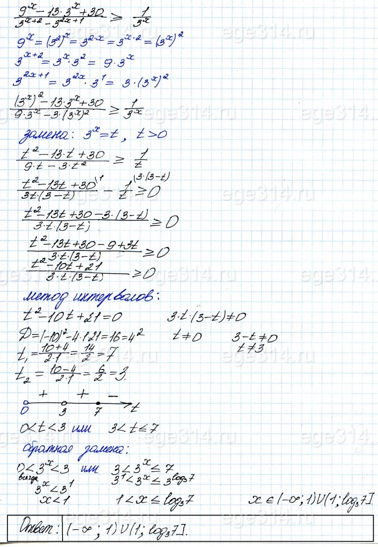 Решение №3815 Решите неравенство (9^x-13*3^x+30)/(3^(x+2)-3^(2x+1))>=1/3^x.