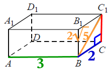 В прямоугольном параллелепипеде ABCDA1B1C1D1 рёбра BC, BA и диагональ BC1 боковой грани равны соответственно 2, 3 и 2√5.
