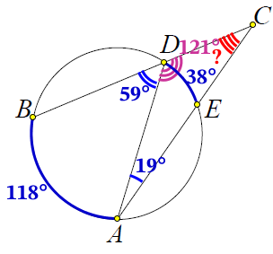 Найдите угол ACB, если вписанные углы ADB и DAE опираются на дуги окружности, градусные меры которых равны соответственно 118° и 38°.